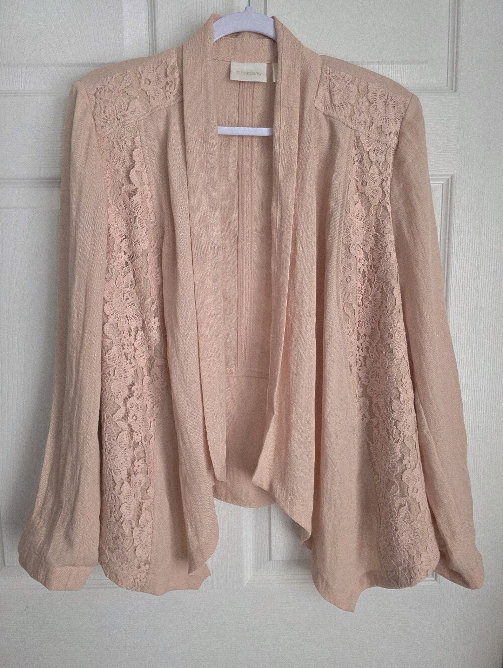 Chico's Francesca Lace Open Front Jacket Blush Pink Roll Tab Sleeves Size 2 L